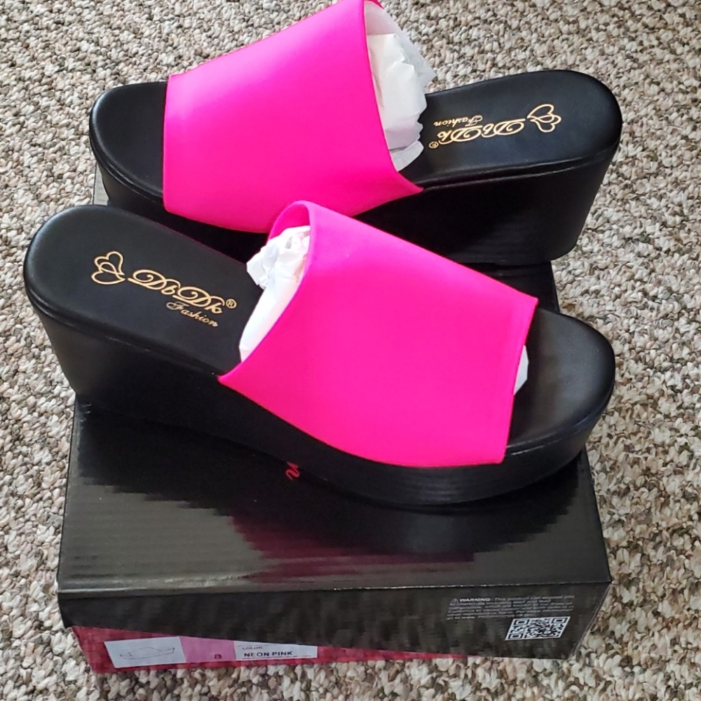 Hot pink wedge clogs